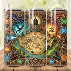 Vaso con diseño de mapa del mundo de FRP, vaso delgado de 20 oz y 30 oz PNG, diseño de vaso de rol, recto y cónico, descarga digital de mundo de fantasía