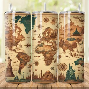 Wereldkaart Tumbler Wrap, 20 oz 30 oz Skinny Tumbler Wrap PNG, Travel Tumbler Design, Recht, taps toelopend, Wereldkaart, Digitale download