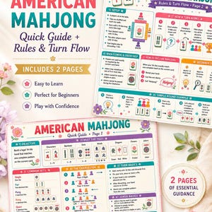 May include: A two-page American Mahjong quick guide featuring rules, turn flow, and tile identification. The instructional sheets include colorful diagrams, text explanations, and illustrations of game tiles, organized into sections for beginners.