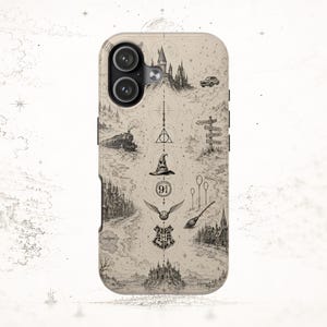 May include: A beige smartphone case featuring a detailed black ink illustration of a magical castle, a steam train, a sorting hat, a golden snitch, a broomstick, the number 9 3/4, and various mystical symbols arranged in a vertical composition.