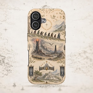 May include: A beige smartphone case featuring a detailed illustration of a fantasy journey. The design includes a line of travelers, a dark tower with a glowing eye, a crown, and banners with tree symbols, all rendered in a muted, vintage-style color palette.