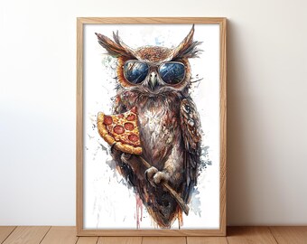 Eule isst Pizza Kunstdruck: Trendiges Wandbild (Digitaler Download)