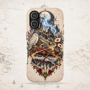 May include: A phone case featuring a detailed illustration of a castle, a white owl, a golden snitch, books, a wand, a red train on a bridge, and letters. The design includes a full moon, stars, and floral elements on a light beige background.