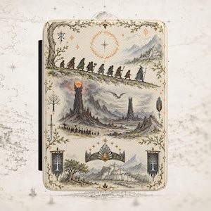 May include: A rectangular e-reader case featuring a detailed illustration of a fantasy journey. The design includes a line of travelers, a dark tower with a glowing eye, a crown, banners with tree symbols, a sword, and mountainous landscapes.