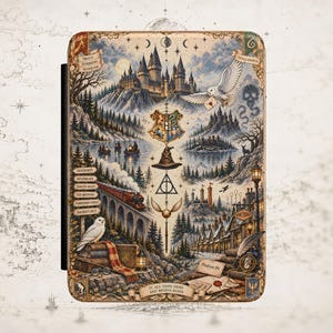 May include: A rectangular e-reader case featuring a detailed, vintage-style illustration of a magical castle, a steam train on a bridge, a snowy owl, and various mystical symbols. The artwork includes text labels and the phrase It all ends here and begins again.
