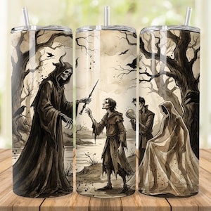 May include: Three stainless steel tumblers with a spooky illustration. The design features a Grim Reaper figure, a hooded figure, and other characters in a dark forest setting. Each tumbler has a silver straw and a lid.