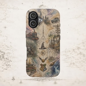 May include: A smartphone case featuring a detailed, vintage-style illustration of a magical castle, a steam train, a sorting hat, a golden snitch, a crest, and various mystical symbols arranged in a vertical composition on a parchment-colored background.