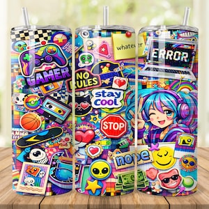 May include: Three colorful 20 oz. tumblers with a variety of stickers and graphics. One features a video game controller and the word "GAMER". Another has a laptop with the word "ERROR". The third has an anime-style character with headphones. Each tumbler has a straw.