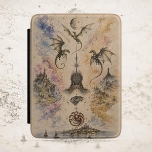 May include: A rectangular e-reader case featuring a detailed illustration of three dragons, a central throne with a sword, a wolf sigil, and a circular three-headed dragon emblem. The design includes castles, mountains, and a watercolor-style sky.