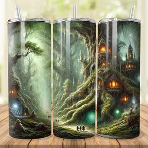 May include: Three stainless steel tumblers with a fantasy forest scene printed on them. The scene features a large tree with a house built into it, and a path leading through the forest. The tumblers are a great way to enjoy your favorite beverages.