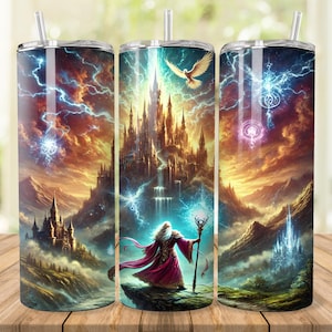 Magic World Tumbler Wrap, 20 oz 30 oz Skinny Tumbler Wrap PNG, Zauberer Tumbler Design, Gerade Verjüngung, Zauberer und Schloss, digitaler Download