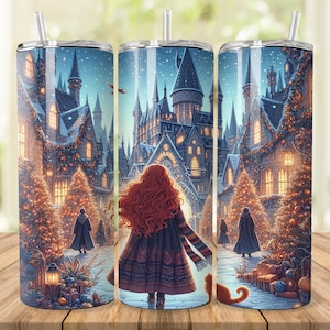Christmas in Magic World Tumbler Wrap, 20 oz 30 oz Skinny Tumbler Wrap PNG, Tumbler Design,  Wizard School, Digital Download