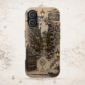 May include: A beige smartphone case featuring a detailed illustration of Diagon Alley, including a brick archway, a dragon, lanterns, a stack of trunks, a wand, an open book, and the text Diagon Alley and 9 3/4 with a triangular symbol.