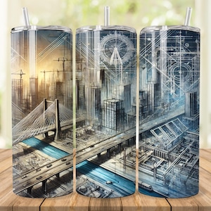 Op de afbeelding: Drie roestvrijstalen bekers met een stadsbeeldontwerp. De bekers tonen een gedetailleerde illustratie van een stadsbeeld met bruggen, gebouwen en wegen. Het ontwerp is in grijstinten, blauw en wit.