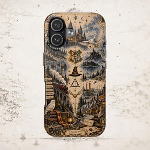 May include: A smartphone case featuring a detailed, vintage-style illustration of a magical castle, a steam train on a bridge, a snowy owl, a sorting hat, and various mystical symbols. The design includes the text 'Platform 9¾' and 'It all ends here and begins again'.