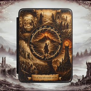 May include: A rectangular e-reader case featuring a detailed sepia-toned illustration of a fantasy landscape with a central ring motif, a figure holding a glowing object, and the text "Not all those who wander are lost." printed on a scroll banner.