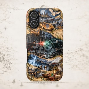 May include: A smartphone case featuring a detailed fantasy illustration of a magical duel between two figures casting red and green spells. The design includes a castle, a glowing stag, a steam train, an owl, and a broomstick in warm, golden tones.