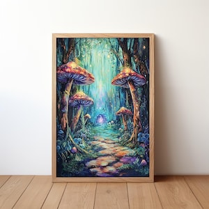 Mushrooms Wall Art, Printable Wall Art, Colorful Wall Decor, Mushrooms in Forest Cozy Poster, Trendy Poster, Magical Forest Digital Download