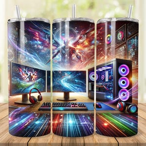 May include: Three stainless steel tumblers with a colorful design featuring a computer, keyboard, and headphones. The design includes a blue, purple, and green color scheme with a futuristic, digital aesthetic.