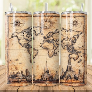 May include: A travel-themed tumbler with a vintage world map design. The beige tumbler features a detailed map with compass roses and illustrations of famous landmarks like the Eiffel Tower and a castle. Includes a silver straw.