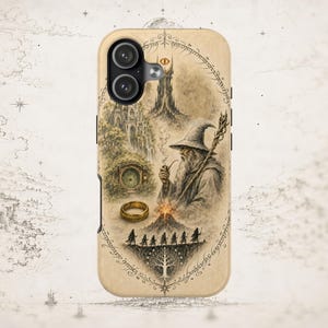 May include: A beige smartphone case featuring a detailed illustration of a wizard with a staff and pipe, a golden ring, a mountain, a group of figures, a tree, and a tower with an eye, all framed by circular elvish script text.