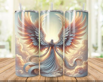 May include: Three stainless steel tumblers with a colorful image of an angel with wings spread wide. The angel is surrounded by clouds and a golden light. The tumblers are perfect for holding hot or cold beverages.