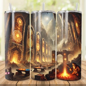 May include: Three stainless steel tumblers with a fantasy-themed design. The tumblers feature a golden, ornate structure with arches and intricate details. The middle tumbler shows a mountain range with a glowing orb in the sky. The right tumbler shows a figure in front of a fire pit with a glowing orb in the sky.