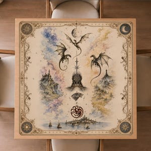 May include: A square table featuring a detailed illustration of three dragons, a central iron throne, a wolf sigil, a three-headed dragon emblem, castles, and ships. The artwork is framed by an ornate border with celestial symbols in the corners.