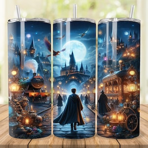 May include: Three stainless steel tumblers with a Hogwarts Express design. The tumblers feature a blue and purple background with a train, castle, and other magical elements. The tumblers are perfect for keeping your drinks hot or cold.
