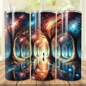 May include: Three stainless steel tumblers featuring a colourful abstract design of a forest with a starry sky reflected in a pool of water. The design includes a single figure walking through the forest.