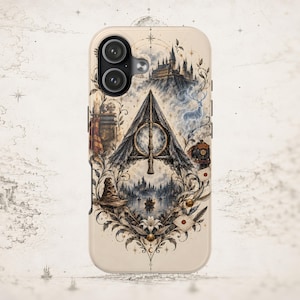 May include: A beige smartphone case featuring a detailed illustration of a triangular symbol with a circle and vertical line, a castle, a stag, a steam train, a sorting hat, and floral elements in shades of brown, blue, and cream.