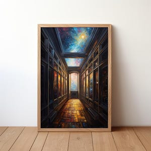 Op de afbeelding: Een schilderij van een gang met een sterrenhemelplafond en een gouden vloer. De gang is bekleed met ramen die uitkijken op een sterrenhemel. Het schilderij is ingelijst in een houten lijst.