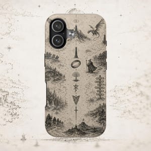 May include: A beige smartphone case featuring a detailed black ink illustration of a fantasy landscape. The design includes a central vertical column of icons, a wizard, a dragon, a sword, and a signpost with text pointing to various locations.