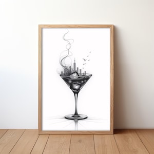 Cocktail Wandkunst, druckbare Wandkunst, rauchender Cocktail Wanddekor, digitale Wandkunst, schwarz weiß Poster, trendiges Poster, digitaler Download
