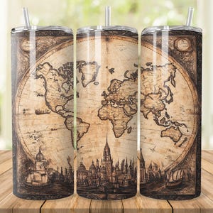 May include: Three stainless steel tumblers featuring a vintage world map design. The map is in shades of brown and beige with a faded look. The tumblers are a great way to enjoy your favourite beverage.