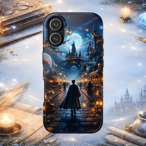 May include: A smartphone case featuring a detailed illustration of a figure in a dark cloak walking down a cobblestone path toward a large castle under a full moon, with a steam train and glowing lanterns illuminating the magical night scene.