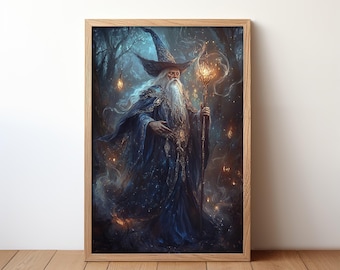 Blue Wizard Art Print: Fantasy Magic Poster (Digital Download)