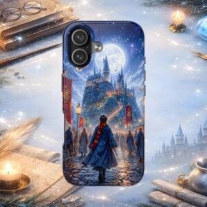 May include: A smartphone case featuring a detailed illustration of a student in a dark blue robe and red and gold scarf walking toward a large, illuminated castle under a full moon, with banners and a crowd of figures on a cobblestone path.