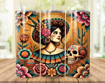 Envoltura para vaso de mujer mexicana: Diseño floral de calavera de azúcar, sublimación de vaso de 20 oz (descarga digital)