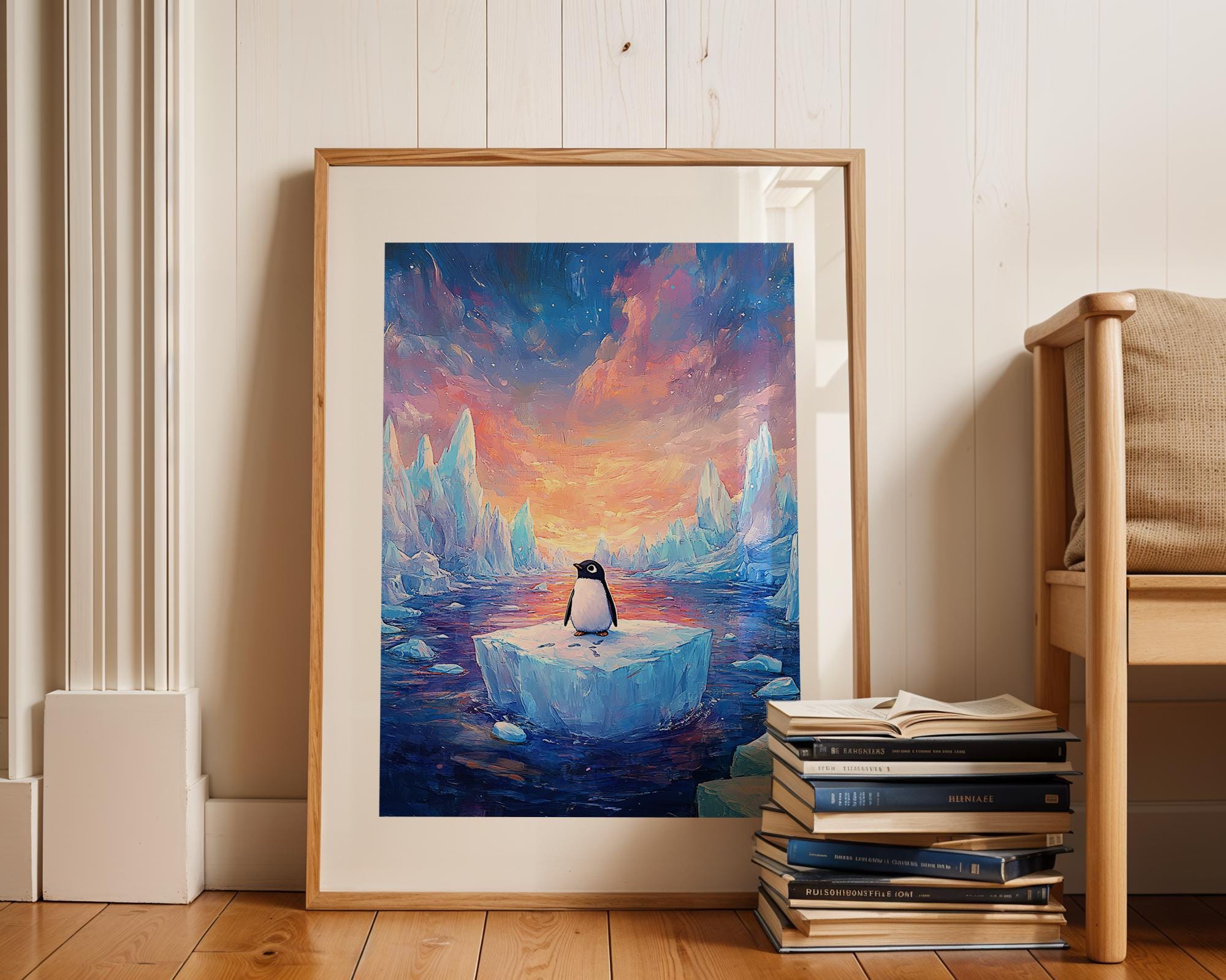 Penguin on Iceberg Art Print: Colorful Nursery Decor (digital
