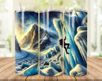 May include: Three stainless steel tumblers with a mountain climber scaling a frozen waterfall. The tumblers feature a colorful mountain scene with a blue sky and white clouds.