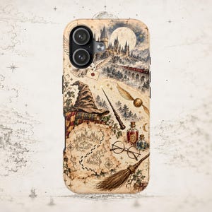 May include: A phone case featuring a detailed illustration of a castle, a full moon, a steam train on a bridge, a sorting hat, a wand, a golden snitch, a map, round glasses, and a broomstick in shades of brown, cream, and muted earth tones.