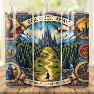 May include: A stainless steel tumbler with a colorful design featuring a castle, trees, and a dragon. The text "Epic Quest Await Dark Wizard Rising" is printed on the tumbler.