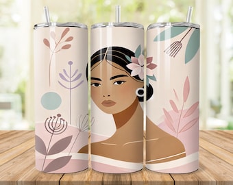 Envoltura para vaso de mujer mexicana: Diseño floral minimalista, sublimación de vaso de 20 oz (descarga digital)