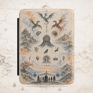 May include: A rectangular e-reader case featuring a detailed fantasy illustration with dragons, an iron throne, various heraldic symbols, a central tree, and a group of figures standing at the bottom. The text WINTER IS COMING is printed near the center.
