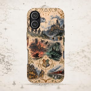 May include: A smartphone case featuring a detailed, multi-scene illustration of a castle, a steam train, a central crest with an H, and various magical figures. The design is set against a parchment-colored background with ornate gold filigree.