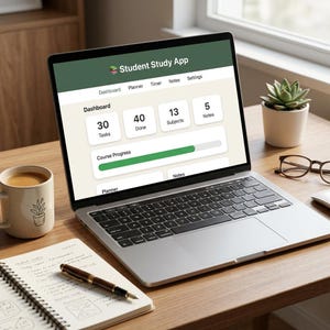 Puede incluir: Una pantalla de ordenador portátil que muestra la interfaz de la aplicación Student Study App con un panel que indica 30 tareas, 40 completadas, 13 asignaturas y 5 notas. La pantalla incluye un encabezado verde, una barra de progreso y pestañas.