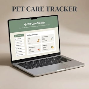 May include: A silver laptop displaying a Pet Care Tracker software interface on its screen. The dashboard features sections for pet profiles, vaccinations, medications, care tasks, and expenses, with icons for a dog, syringe, pill, and coins.