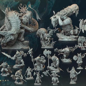 Pode incluir: Uma coleção de miniaturas de fantasia cinzentas apresentando várias criaturas, guerreiros e monstros em poses dinâmicas. O texto Frostburn Horrors Rimewind Secrets é visível no canto inferior esquerdo, com um logótipo A Games no canto inferior direito.