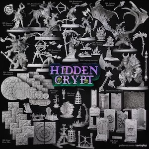 Pode incluir: Uma coleção de figuras em miniatura cinzentas e peças de terreno rotuladas como Hidden Crypt, incluindo cavaleiros, guerreiros, rangers, um troll, uma abominação, uma feiticeira, uma montaria morcego, pisos, paredes, artefactos e bases.